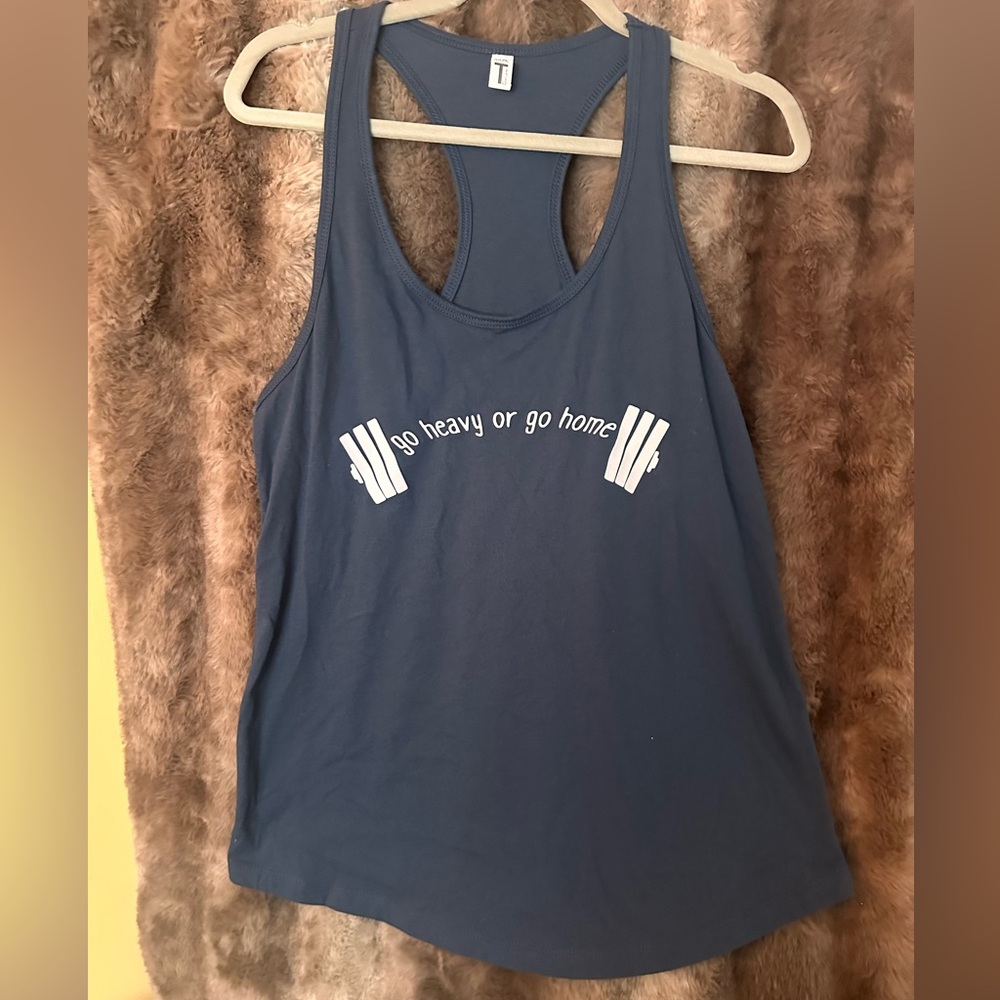 Women's Steel Blue Graphic Racerback Tank Top - 'Go Heavy or Go Home'